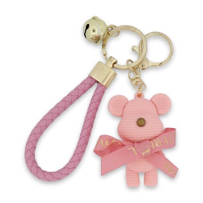 Porte-clés souris rose avec nœud et grelot doré