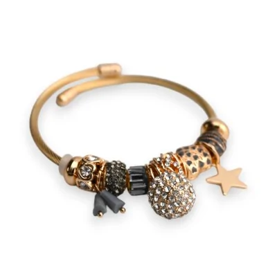 Pulsera rígida gris y dorada con dijes de bola y strass