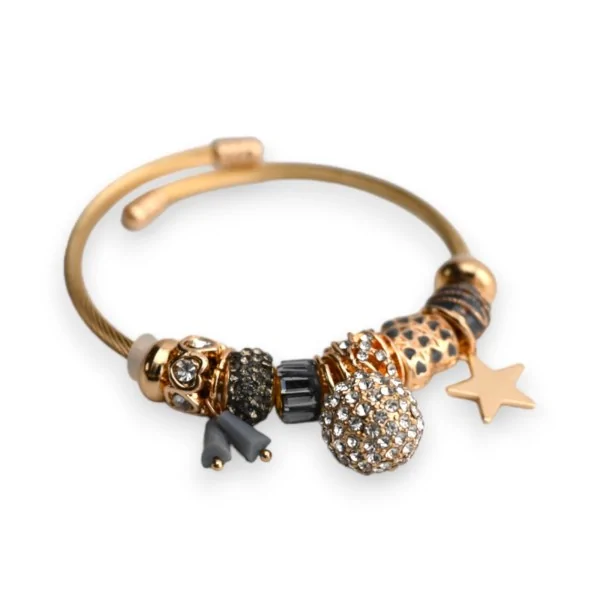 Bracelete rígido cinza e dourado com pingentes de bola e strass
