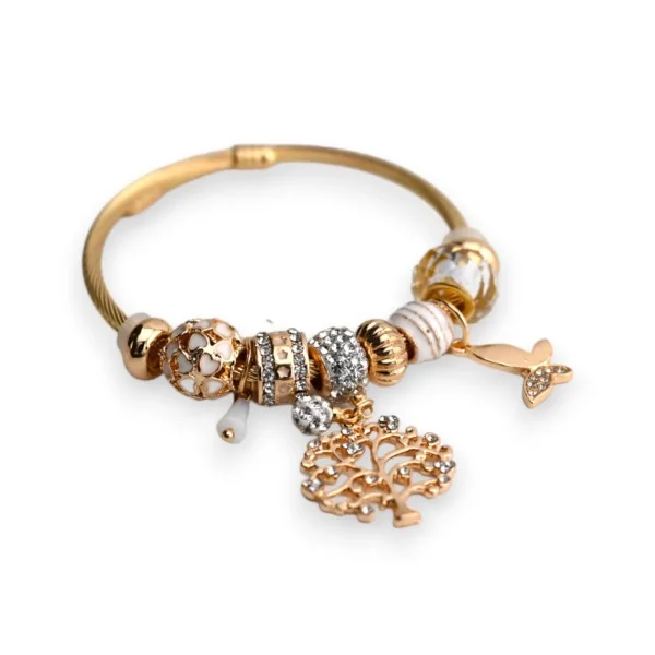 Starrer Charm-Armreif in Gold und Weiß mit Lebensbaum