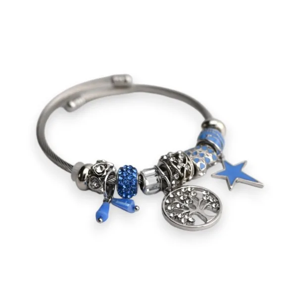Steifes Charmarmband in Blau und Silber mit Lebensbaum