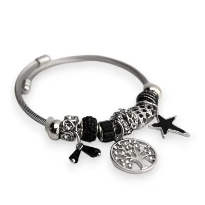 Pulsera rígida de charms plateada y negra con árbol de la vida