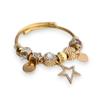 Starrer Armreif mit Charms in Gold und Weiß, Stern mit Strasssteinen