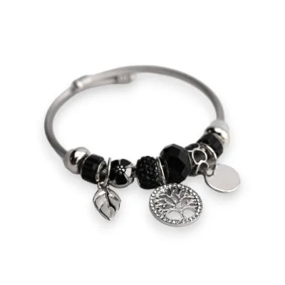 Starrer schwarzer und silberner Charms-Armreif mit Lebensbaum