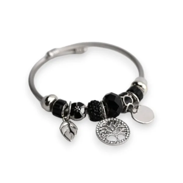 Bracciale rigido con charm nero e argentato albero della vita
