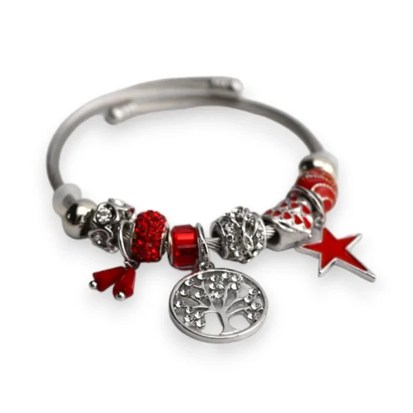 Starrer Charm-Armreif in Rot und Silber mit Lebensbaum