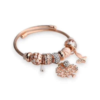Rigid rose gold-plated copper charm bracelet with tree of life