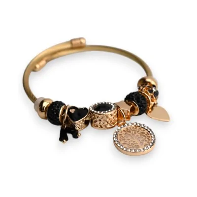 Rigid black and gold charm bracelet with tree of life