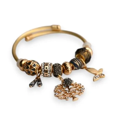 Starrer Charm-Armreif in Gold und Grau mit Lebensbaum