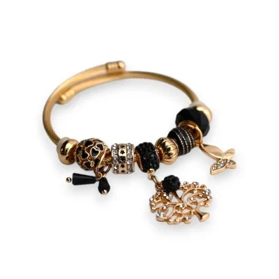 Starrer Charm-Armreif in Schwarz und Gold mit Lebensbaum
