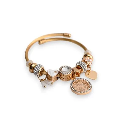 Bracelete rígido branco e dourado com pingentes da árvore da vida