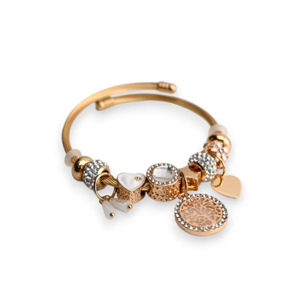 Starres Charm-Armband in Weiß und Gold mit Lebensbaum-Motiv