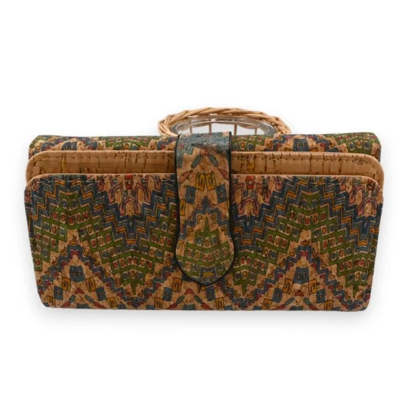 Cork wallet with multicolored graphic design