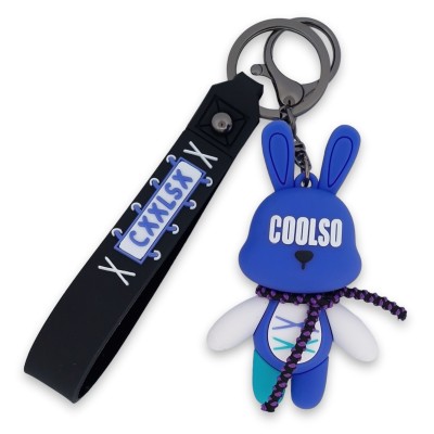 Porte-clés lapin COOLSO bleu et turquoise avec lanière noire