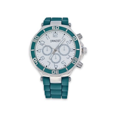 Montre femme au bracelet silicone vert canard, lunette chiffrée et cadran blanc à trois petits cadrans