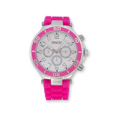 Montre ERNEST rose fluo, bracelet silicone à maillons segmentés et cadran blanc à trois sous-cadrans