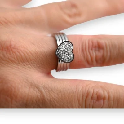 Steel ring with silver heart and rhinestones