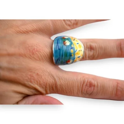 Anel prateado oval com pintura