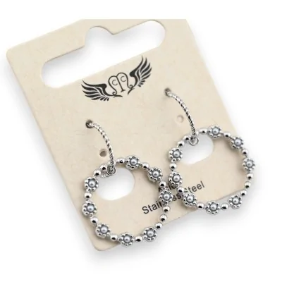 Silver dangling steel earrings with small flowers