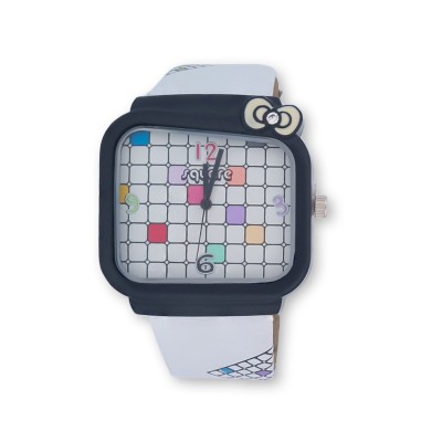 Montre carrée rétro noire et blanche avec nœud et cadran quadrillé