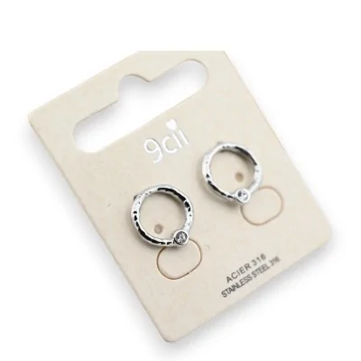Silver steel earring with rhinestone circle