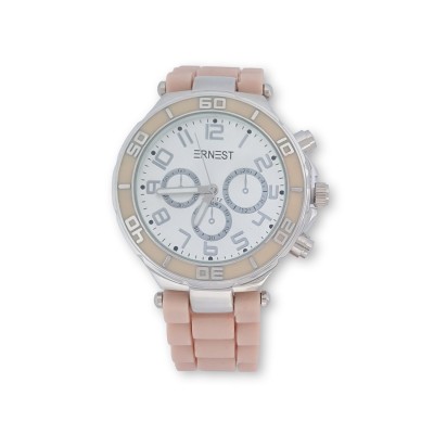 Montre ERNEST à bracelet silicone rose tendre, cadran blanc et lunette numérotée
