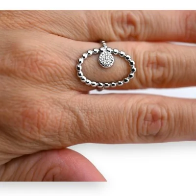 Silver stainless steel ring with oval round rhinestone