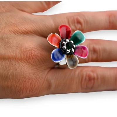 Silver-plated fancy ring with multicolored flower