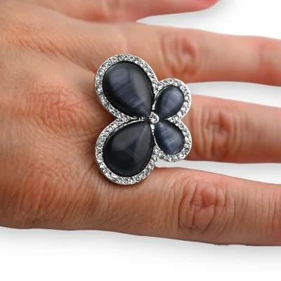 Silver-plated fancy ring with black butterfly and rhinestones