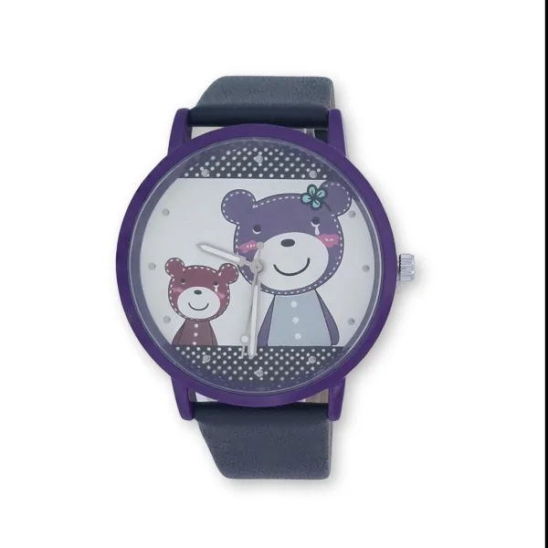 Women's round watch with faux leather teddy bear pattern and purple dial