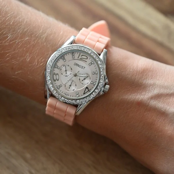 Damen-Armbanduhr mit Silikon-Armband und Strass ERNEST lachsfarben