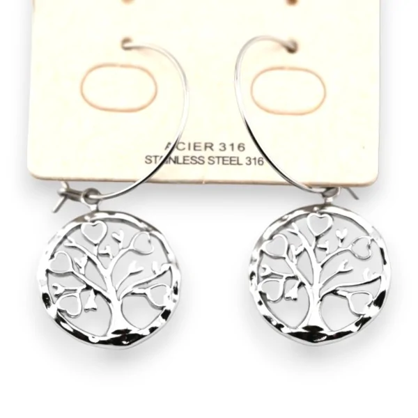 Boucle d'oreille acier argenté pendante arbre de vie blanc
