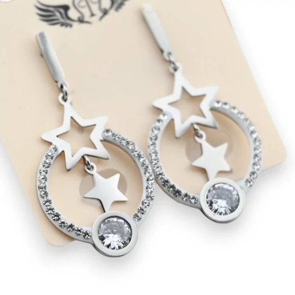 Silver-plated steel earring with hanging double stars