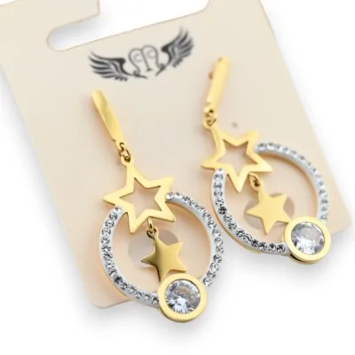 Brinco de aço dourado pendente com estrelas duplas