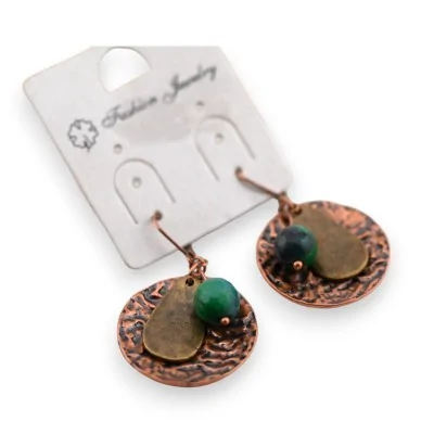 Ethnic-style fancy earring, copper-colored with green stone