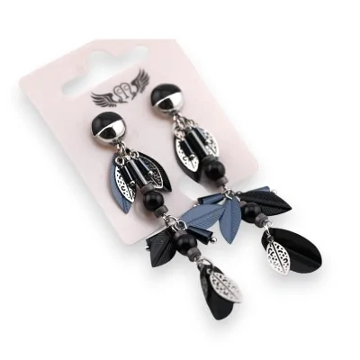 Silver earring with black and grey hanging leaves