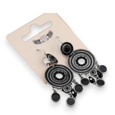 Brinco prateado pendente preto e cinza