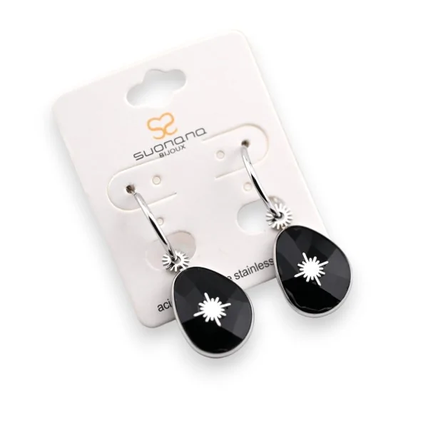 Brinco de aço pendente com pedra preta e estrela
