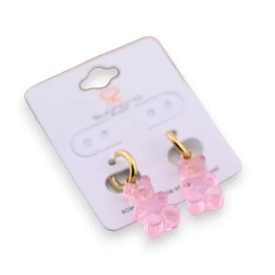 Brinco de aço urso de pelúcia doce rosa