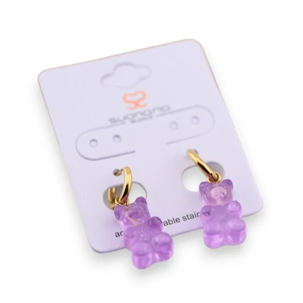 Ohrringe aus Stahl mit lila Teddybär-Bonbon