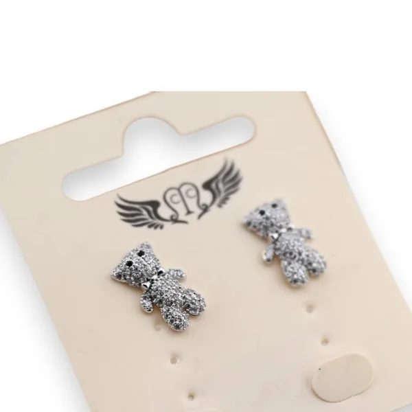 Fancy silver teddy bear earring with rhinestones