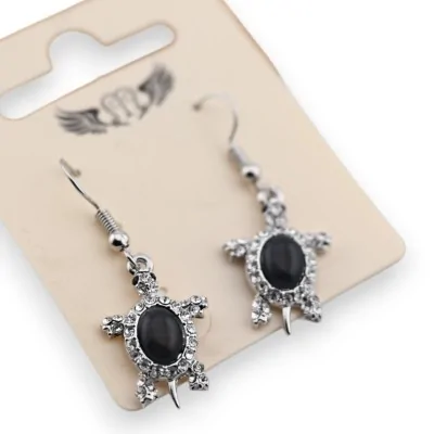 Silver-plated fantasy earring with turtle design, rhinestones and black stone