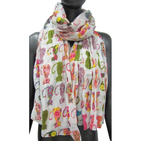 Foulard con motivo di gatto rosa e verde fantasia