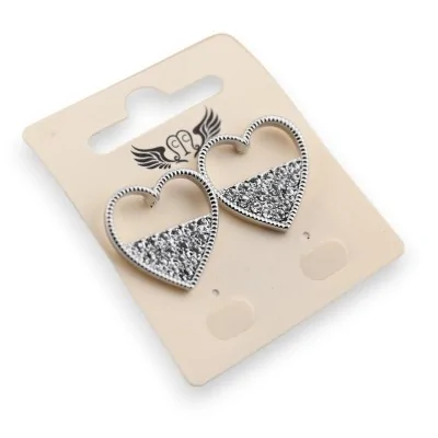 Pendiente de fantasía plateado corazón medio strass blanco