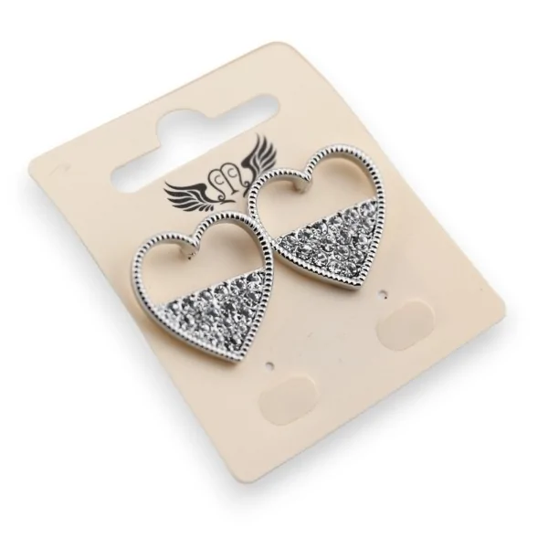 Silver-plated fashion earring with heart and white rhinestones