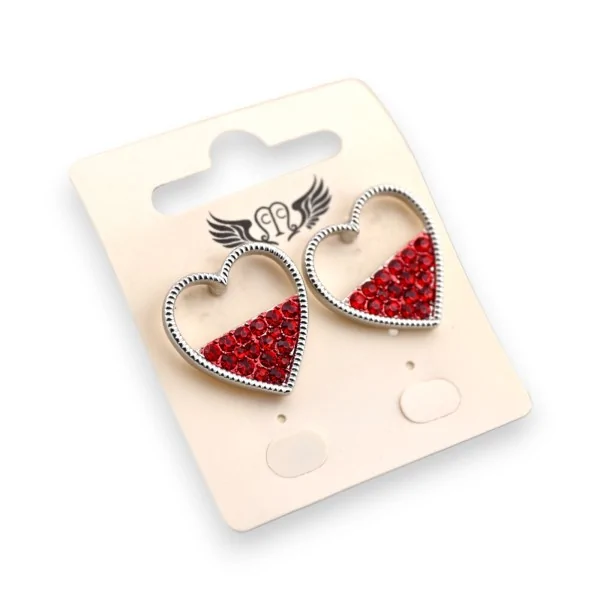 Silver-plated fashion earring with half red rhinestone heart