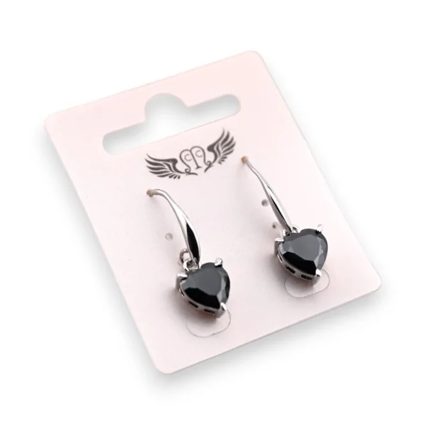Boucle d'oreille fantaisie argentée pendante coeur noir