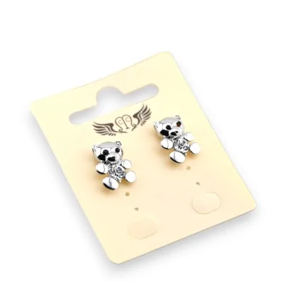 Silver-plated fancy earring with a glittering teddy bear