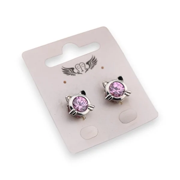 Boucle d'oreille fantaisie argentée chat rose