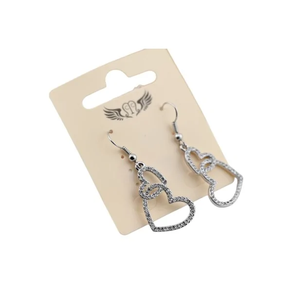 Silberfarbener Modeschmuck-Ohrring mit hängendem Doppelherz und Strass